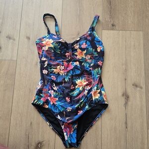 Tempt Me Size M Black Blue Floral Ruched Slimming Suit One Piece Tummy Control